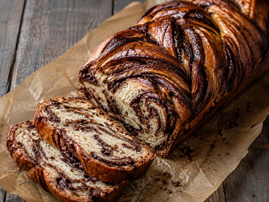 Geflochtener dunkler Babka-Laib mit sichtbaren Schokoladen- und Zimtschichten, mehrere angeschnittene Scheiben im Vordergrund.