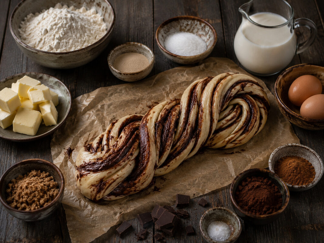 Zutaten- und Vorbereitungsansicht mit Mehl, Zucker, Trockenhefe, Milch, Eiern, Butter, Salz, Zartbitterschokolade, braunem Zucker, Zimt und Kakaopulver sowie vorbereitetem Babka-Teig.