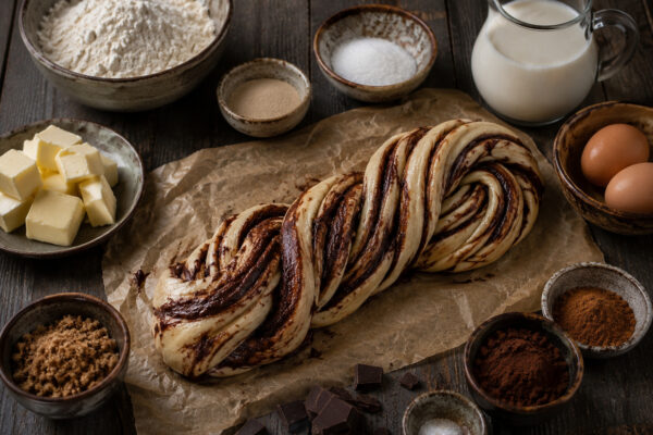 Zutaten- und Vorbereitungsansicht mit Mehl, Zucker, Trockenhefe, Milch, Eiern, Butter, Salz, Zartbitterschokolade, braunem Zucker, Zimt und Kakaopulver sowie vorbereitetem Babka-Teig.