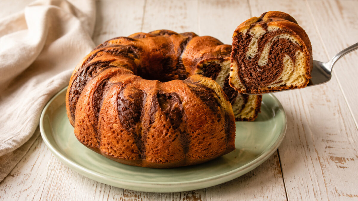 Servierszene mit dem fertigen Gericht. Rezept: Marmorkuchen mit laktosefreier Butter