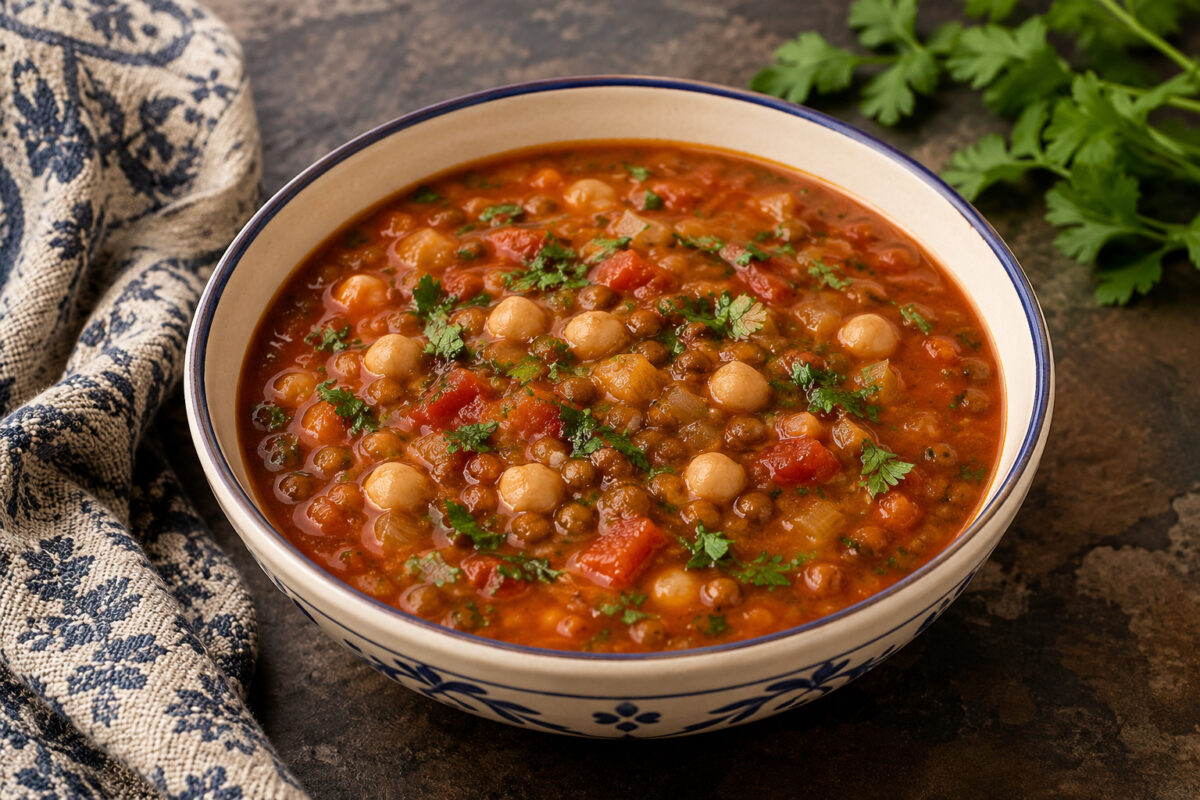 Fertige, dicke tomatenrote Harira mit sichtbaren Kichererbsen, braunen Linsen, Tomatenstücken und frischen Kräutern in cremefarbener Schüssel mit blauem Rand auf dunklem Steinuntergrund.