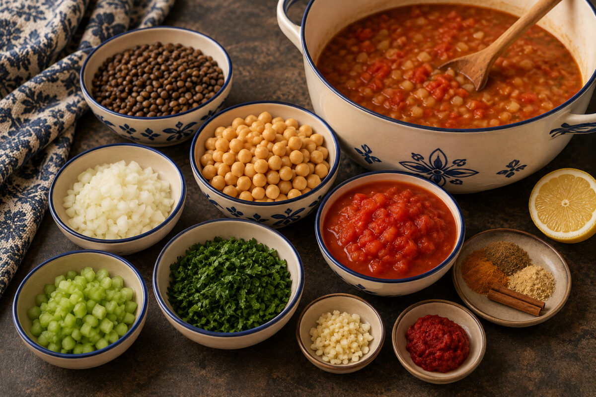 Vorbereitungsansicht mit charakteristischen Zutaten wie braunen Linsen, Kichererbsen, Zwiebel, Sellerie, Kräutern, Tomaten, Knoblauch, Gewürzen, Zitrone und einem Topf mit tomatiger Suppenbasis.