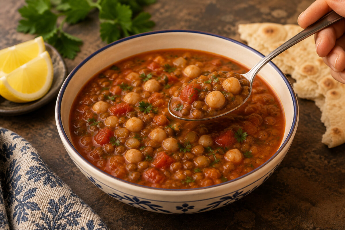 Servierdetail der fertigen Harira mit angehobenem Löffel; Kichererbsen, Linsen und Tomaten klar sichtbar, ergänzt durch Zitrone und schlichtes Fladenbrot.