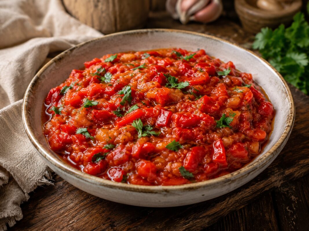 Rustikale Schale mit roter Matbucha aus Paprika und Tomaten, glanzvoll und mit etwas Petersilie bestreut.