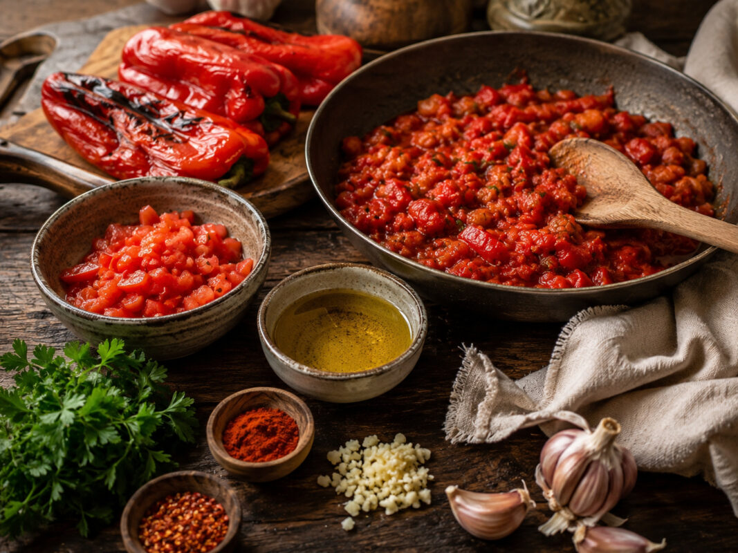 Zutaten- und Vorbereitungsansicht mit gerösteter roter Paprika, Tomaten, Knoblauch, Olivenöl, Gewürzen und Petersilie.