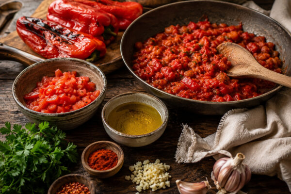 Zutaten- und Vorbereitungsansicht mit gerösteter roter Paprika, Tomaten, Knoblauch, Olivenöl, Gewürzen und Petersilie.