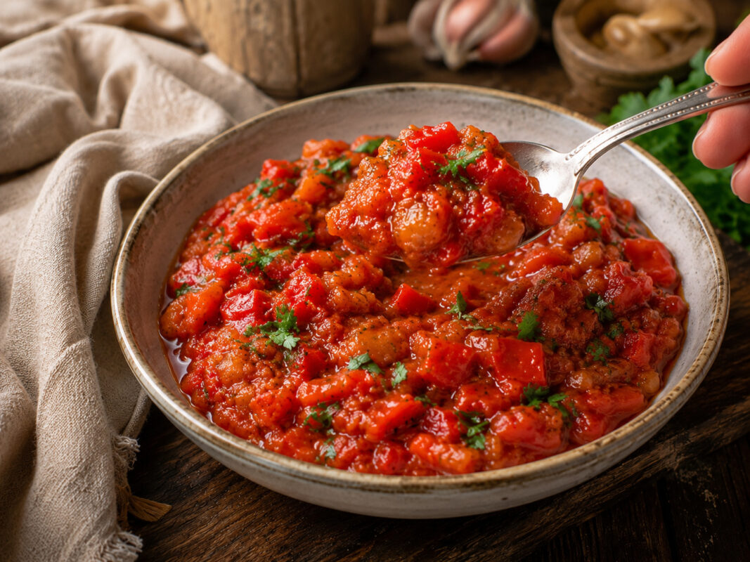 Nahe Servieransicht der fertigen Matbucha mit Löffel und deutlich sichtbarer Paprika-Tomaten-Textur.