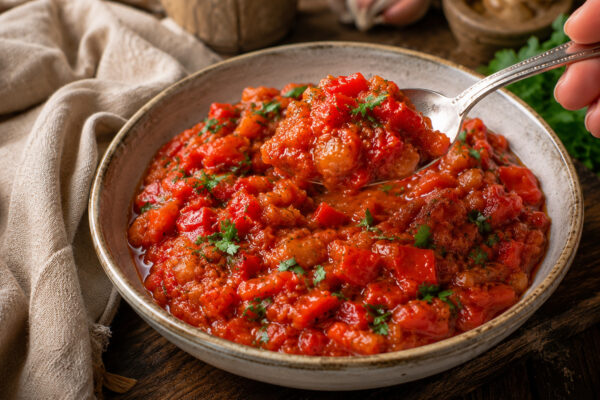 Nahe Servieransicht der fertigen Matbucha mit Löffel und deutlich sichtbarer Paprika-Tomaten-Textur.