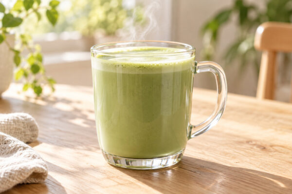 Matcha-Latte mit Haferdrink: Fertiges Getränk als zentrales Hauptmotiv.