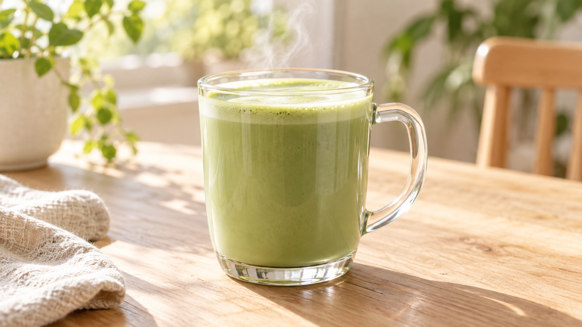 Matcha-Latte mit Haferdrink: Fertiges Getränk als zentrales Hauptmotiv.