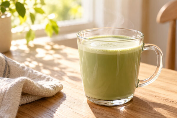 Matcha-Latte mit Haferdrink: Fertiges Getränk aus einer alternativen Perspektive.
