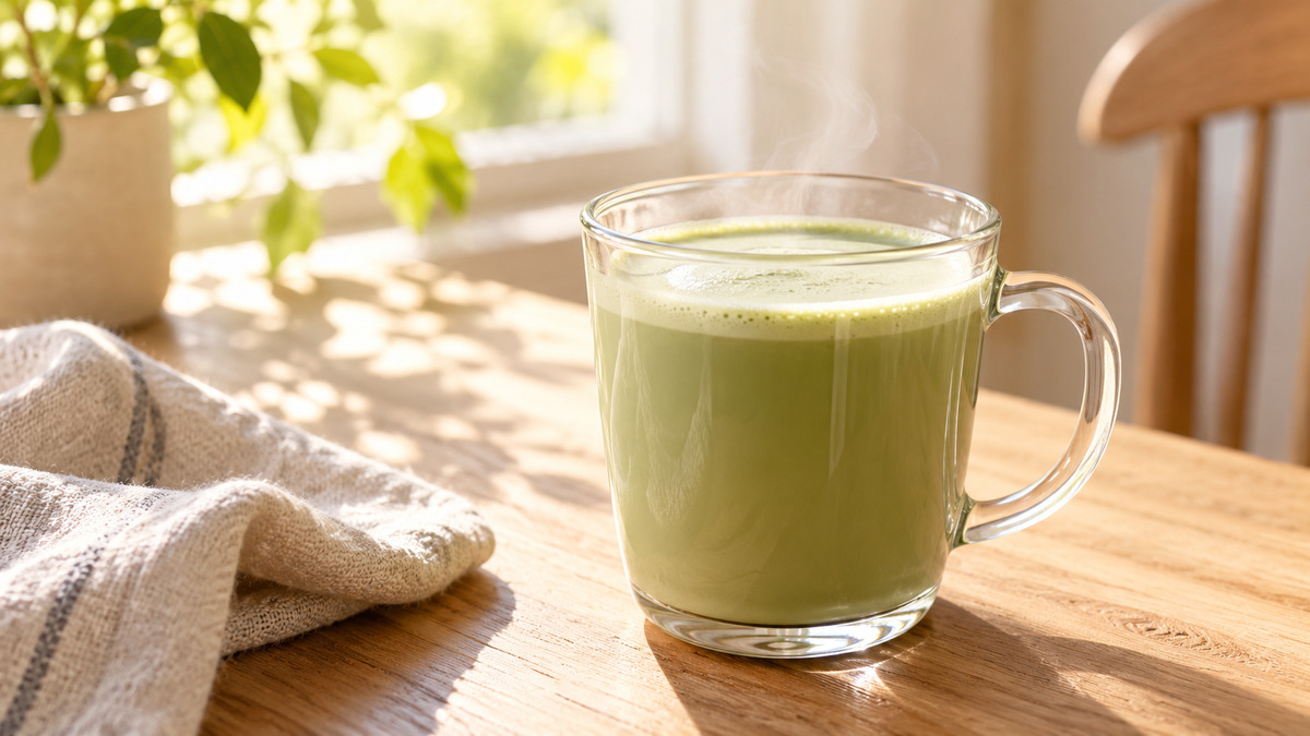 Matcha-Latte mit Haferdrink: Fertiges Getränk aus einer alternativen Perspektive.