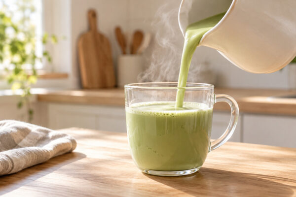 Matcha-Latte mit Haferdrink: Alternative Anrichtung oder aktive Servierszene.