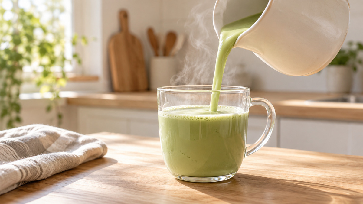 Matcha-Latte mit Haferdrink: Alternative Anrichtung oder aktive Servierszene.