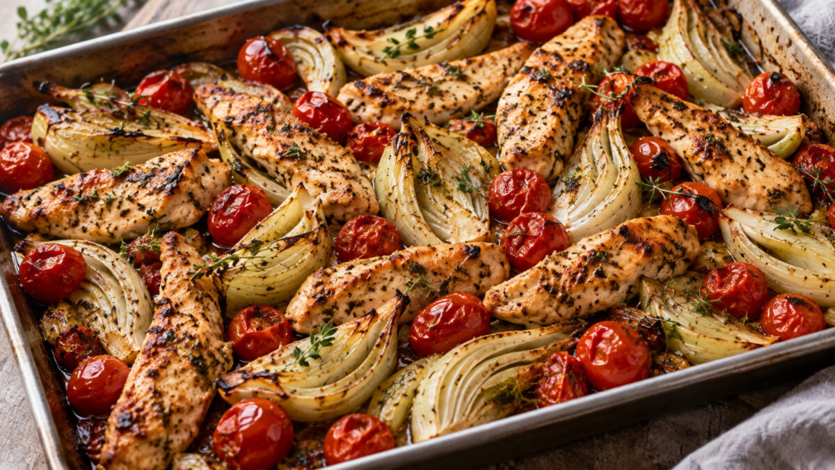 Mediterrane Hähnchenstreifen vom Blech mit Fenchel und Kirschtomaten