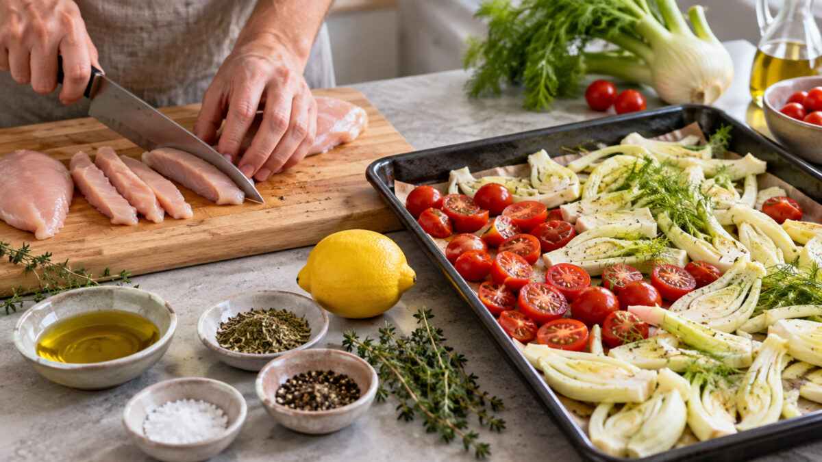 Mediterrane Hähnchenstreifen vom Blech mit Fenchel und Kirschtomaten