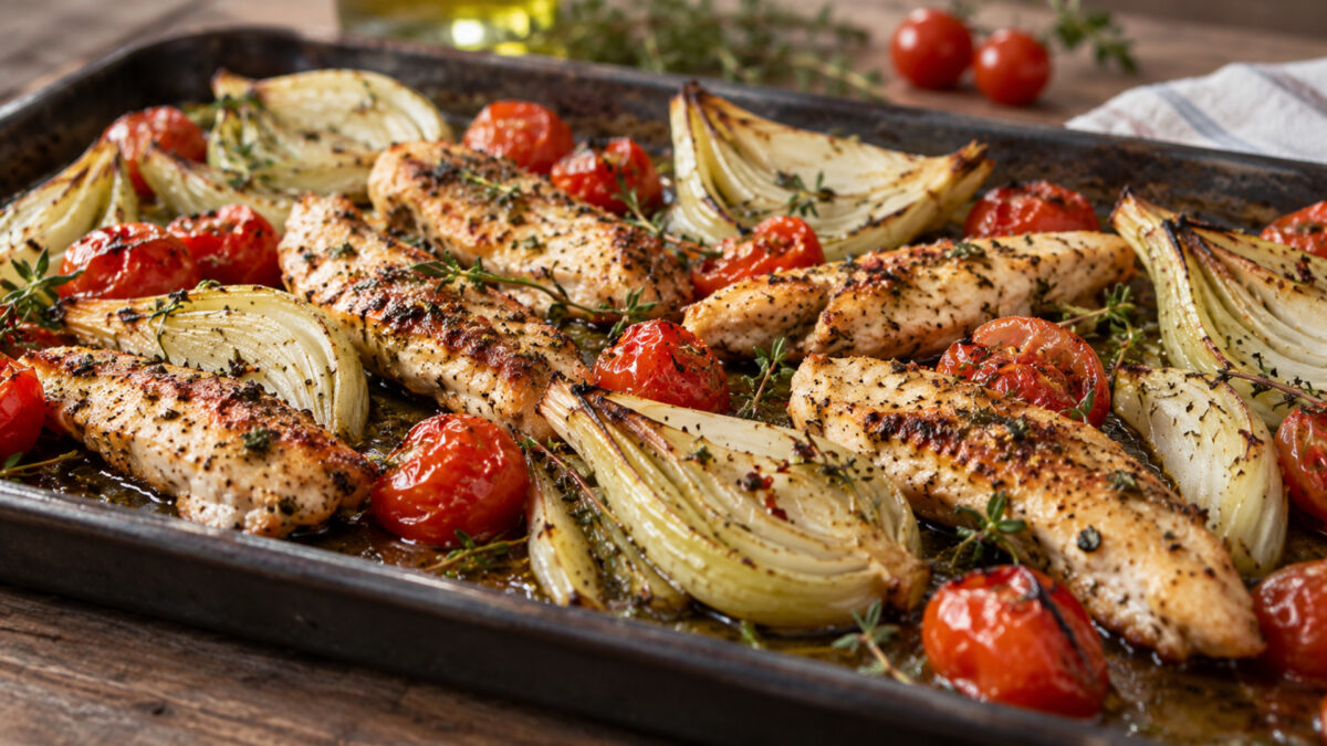 Mediterrane Hähnchenstreifen vom Blech mit Fenchel und Kirschtomaten