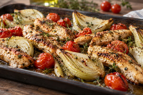 Mediterrane Hähnchenstreifen vom Blech mit Fenchel und Kirschtomaten