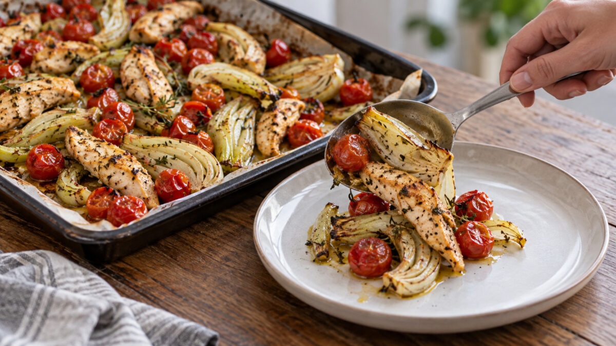 Mediterrane Hähnchenstreifen vom Blech mit Fenchel und Kirschtomaten