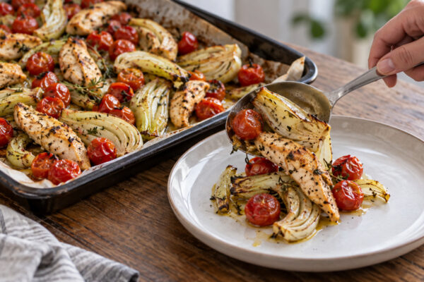 Mediterrane Hähnchenstreifen vom Blech mit Fenchel und Kirschtomaten