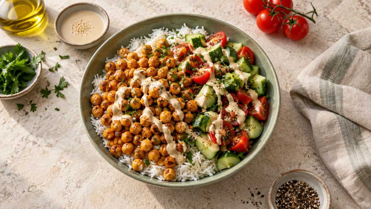 Mediterrane Kichererbsen-Tahini-Bowl