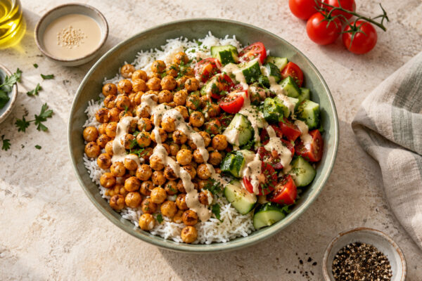 Mediterrane Kichererbsen-Tahini-Bowl