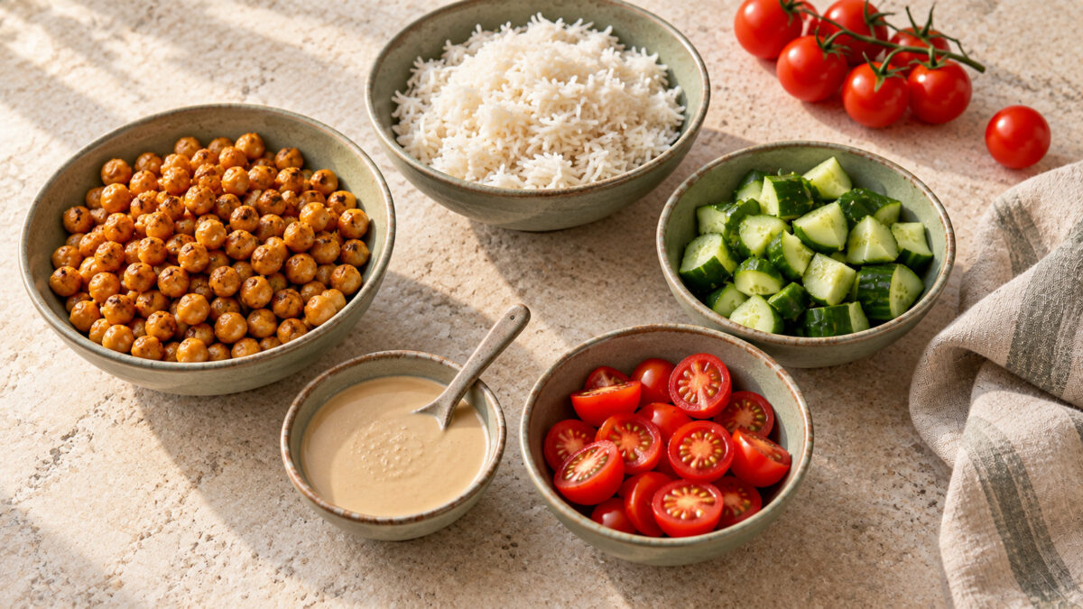 Mediterrane Kichererbsen-Tahini-Bowl