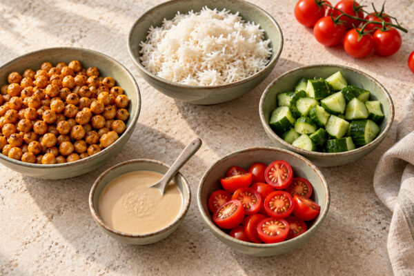 Mediterrane Kichererbsen-Tahini-Bowl