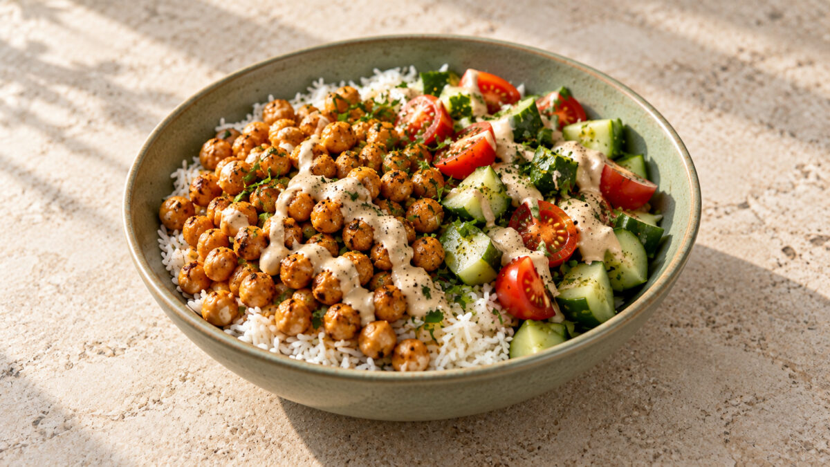 Mediterrane Kichererbsen-Tahini-Bowl
