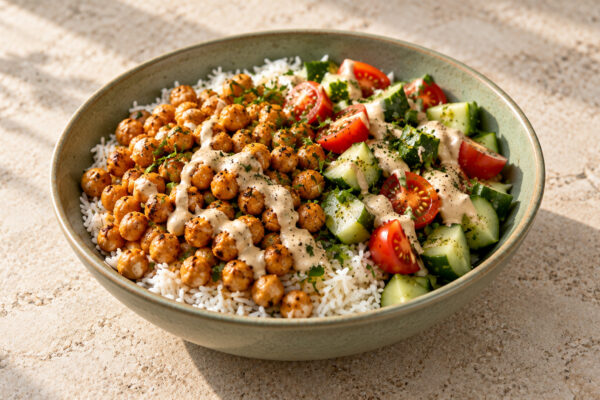 Mediterrane Kichererbsen-Tahini-Bowl