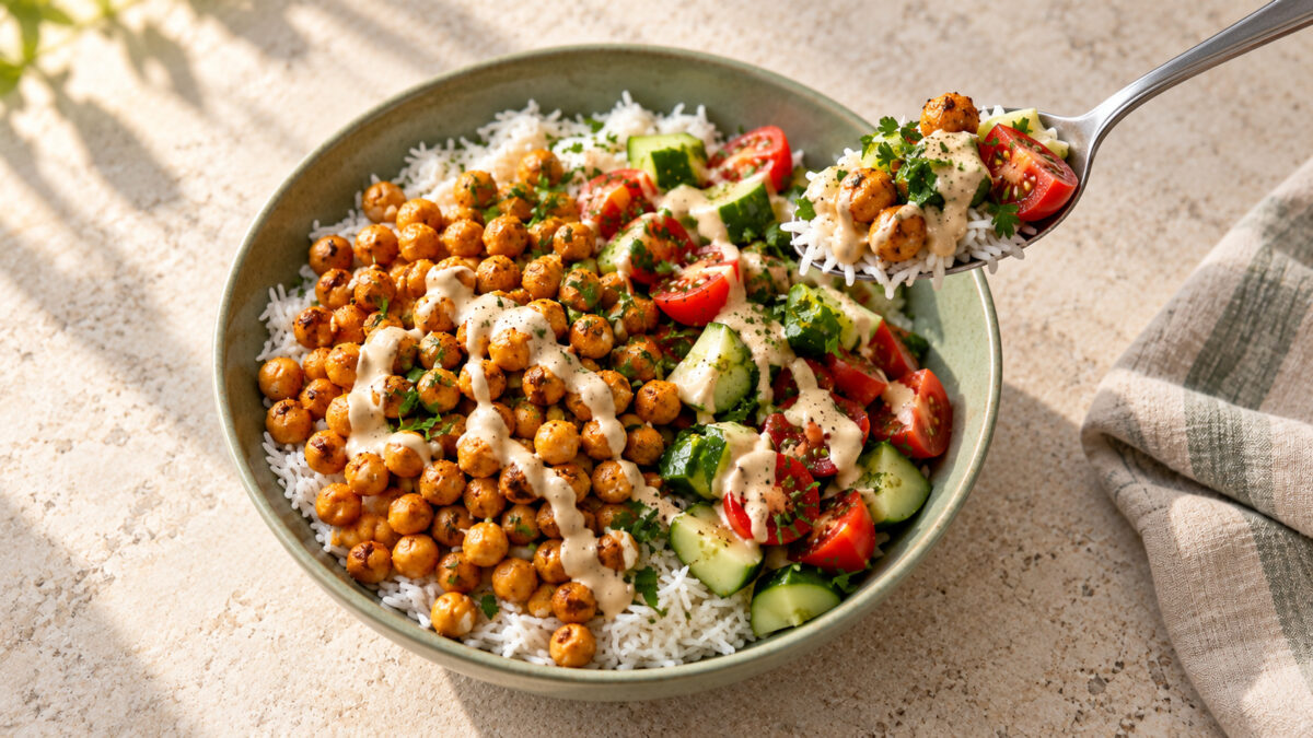 Mediterrane Kichererbsen-Tahini-Bowl
