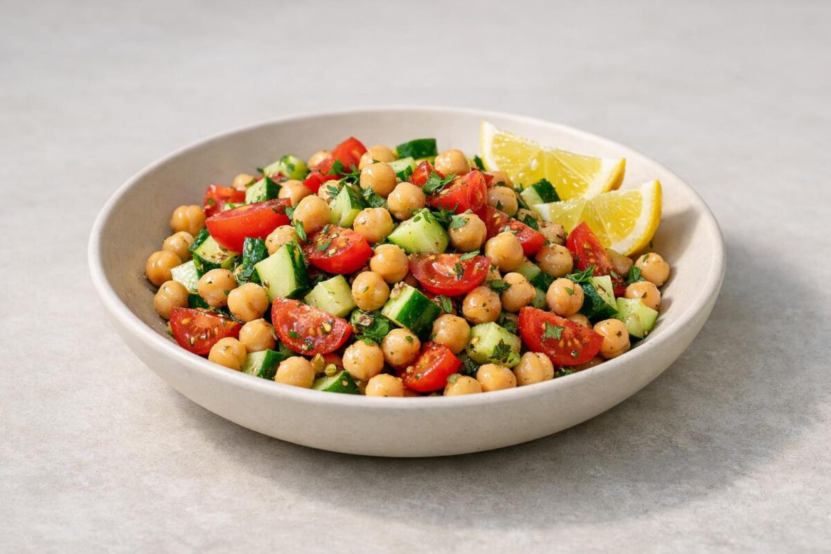 Hauptansicht des fertigen Gerichts. Rezept: Mediterraner Kichererbsensalat mit Gurke und Tomate
