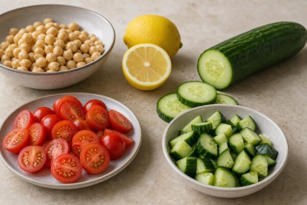 Zutaten- und Vorbereitungsansicht. Rezept: Mediterraner Kichererbsensalat mit Gurke und Tomate