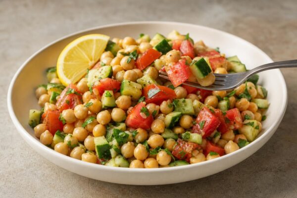 Servierszene mit dem fertigen Gericht. Rezept: Mediterraner Kichererbsensalat mit Gurke und Tomate