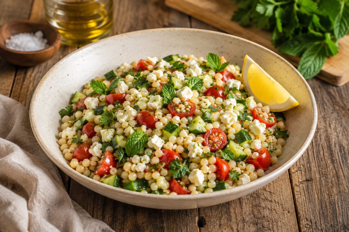 Große flache helle Keramikschale mit Ptitim, Gurkenwürfeln, halbierten Kirschtomaten, zerbröseltem Feta, Petersilie, Minze und Zitronenspalte.