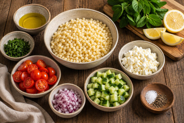 Zutaten- und Vorbereitungsansicht mit gekochtem Ptitim, halbierten Kirschtomaten, gewürfelter Gurke, zerbröseltem Feta, fein gewürfelter roter Zwiebel, gehackter Petersilie und Minze, Zitronenspalten, Olivenöl sowie Salz und Pfeffer in neutralen Schalen…