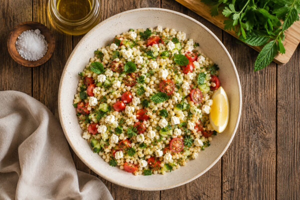 Draufsicht auf den fertig angerichteten mediterranen Ptitim-Salat in derselben großen flachen hellen gesprenkelten Keramikschale; Ptitim, Gurke, Tomaten, Feta, Petersilie und Minze bleiben vollständig sichtbar.