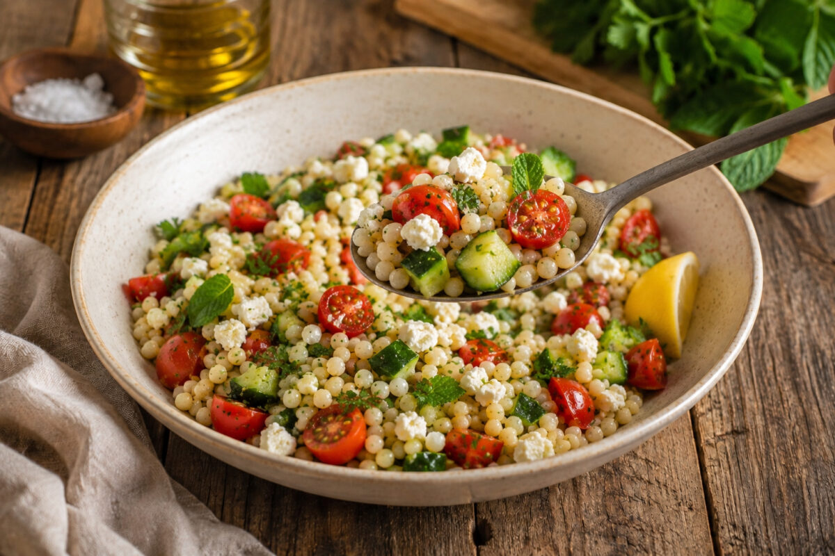 Serviersituation mit einer Löffelportion aus derselben hellen Keramikschale; der Löffel zeigt Ptitim, Gurkenwürfel, halbierte Kirschtomaten, Feta und frische Kräuter, daneben eine Zitronenspalte.