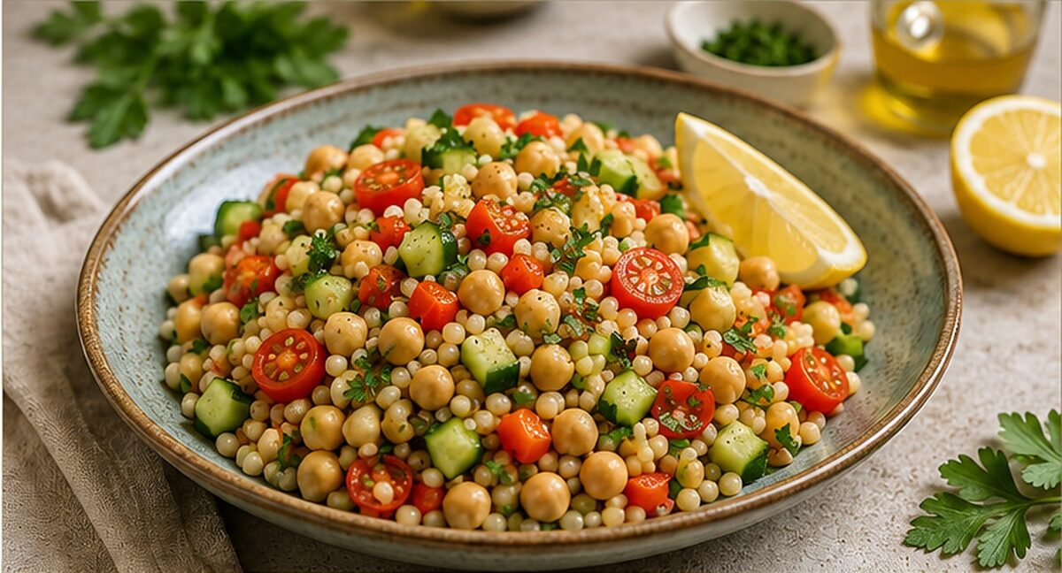 Eine großzügige Portion Ptitim-Salat mit deutlich sichtbaren hellen Nudelkügelchen, Kichererbsen, Gurkenwürfeln, halbierten roten Kirschtomaten, kleinen roten Paprikastücken und fein gehackter Petersilie. Eine große Zitronenspalte steckt rechts hinten im…