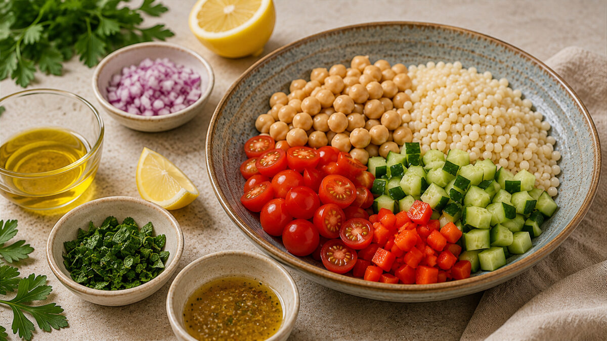 Zutaten- und Vorbereitungsansicht mit Ptitim, Kichererbsen, Gurke, Kirschtomaten, roter Paprika, roter Zwiebel, Kräutern, Zitrone, Olivenöl und Dressing im gleichen hellen mediterranen Set.