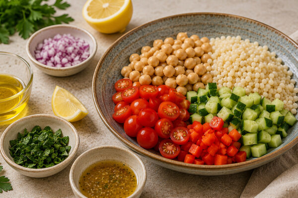 Zutaten- und Vorbereitungsansicht mit Ptitim, Kichererbsen, Gurke, Kirschtomaten, roter Paprika, roter Zwiebel, Kräutern, Zitrone, Olivenöl und Dressing im gleichen hellen mediterranen Set.