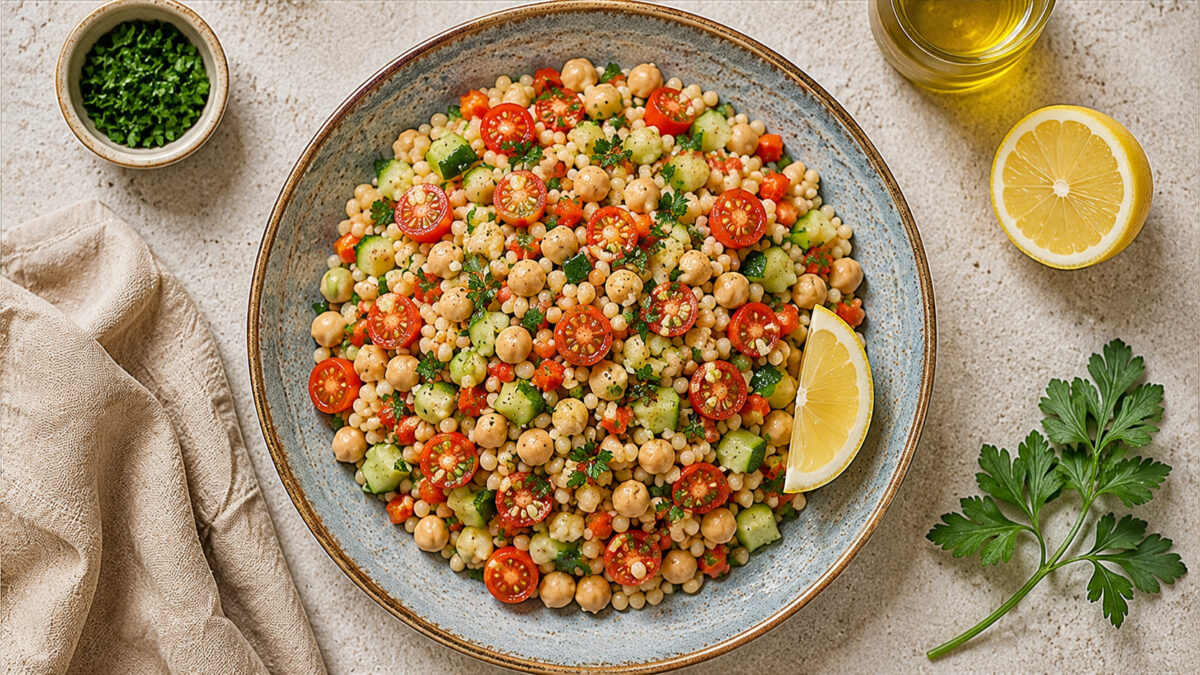 Fertiger Ptitim-Salat in der blaugrau gesprenkelten Keramikschale aus der Draufsicht, mit Kichererbsen, Gurke, Kirschtomaten, roter Paprika, Petersilie und Zitrone.
