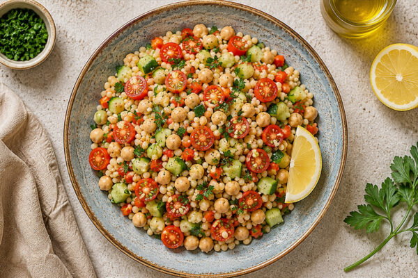 Fertiger Ptitim-Salat in der blaugrau gesprenkelten Keramikschale aus der Draufsicht, mit Kichererbsen, Gurke, Kirschtomaten, roter Paprika, Petersilie und Zitrone.