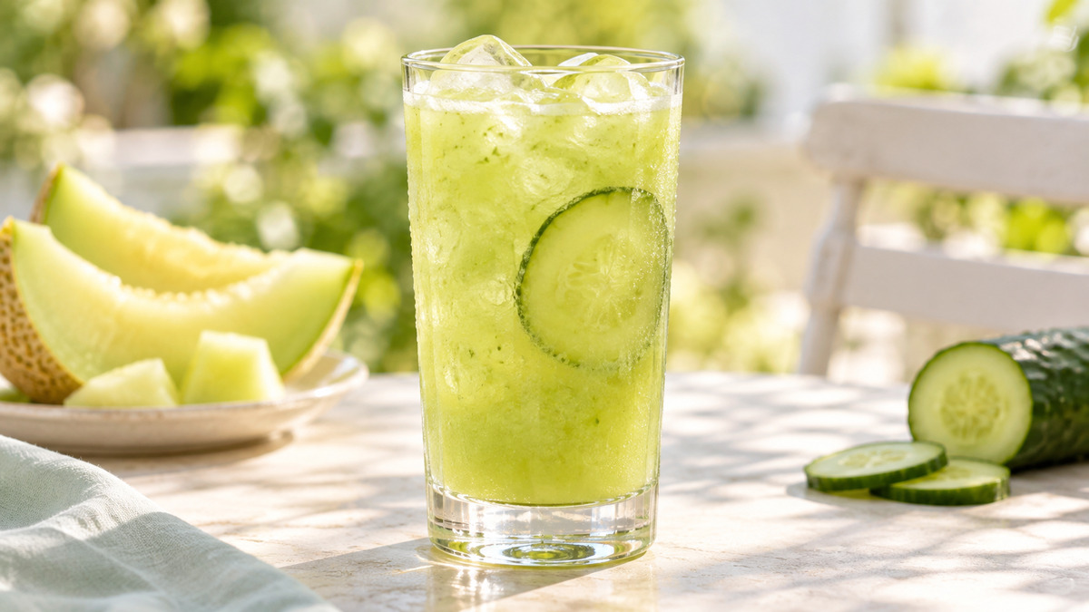 Melonen-Gurken-Drink: Fertiges Getränk als zentrales Hauptmotiv.