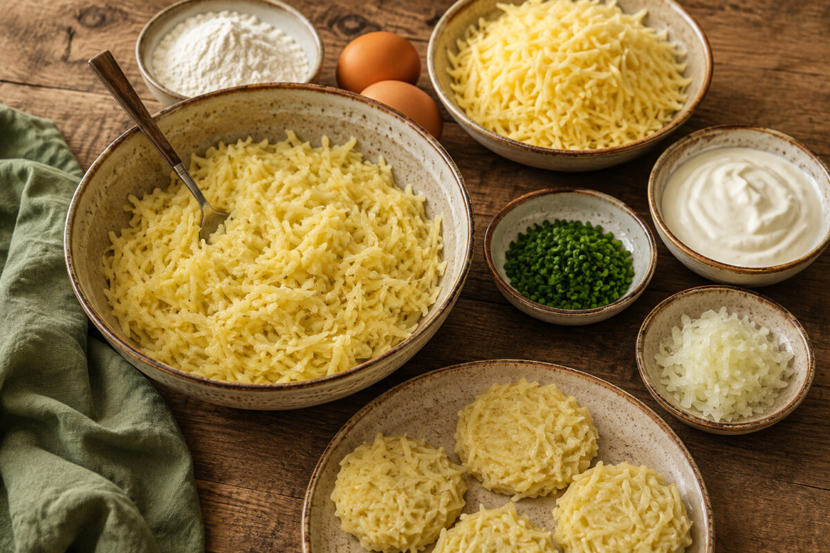 Zutaten- und Vorbereitungsansicht mit geriebenen Kartoffeln, Zwiebel, Eiern, geriebenem Käse, Mehl, Schnittlauch und Joghurt beziehungsweise saurer Sahne.