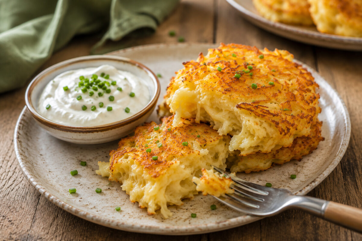 Servierdetail mit aufgebrochenem Kartoffel-Käse-Puffer, sichtbarem weichem Inneren und cremigem Schnittlauchdip.