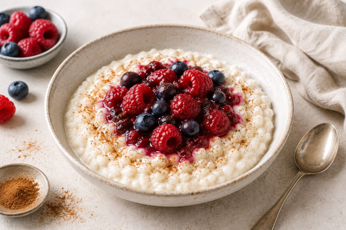 Fertiger cremiger Milchreis mit gemischten Beeren, Beerenkompott und Zimt in heller rustikaler Keramikschale.