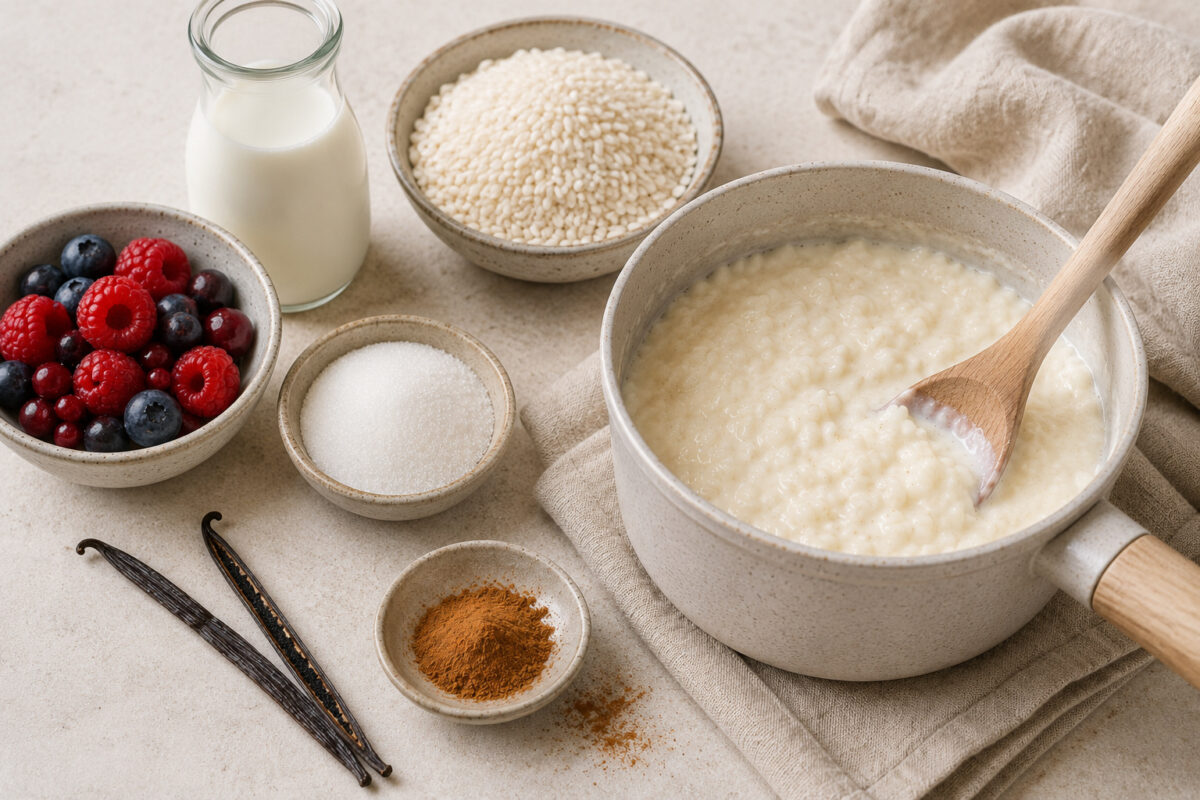 Zutaten- und Vorbereitungsansicht mit Milchreis, Milch, Zucker, Vanille, Beeren, Zimt und cremigem Milchreis im Topf.