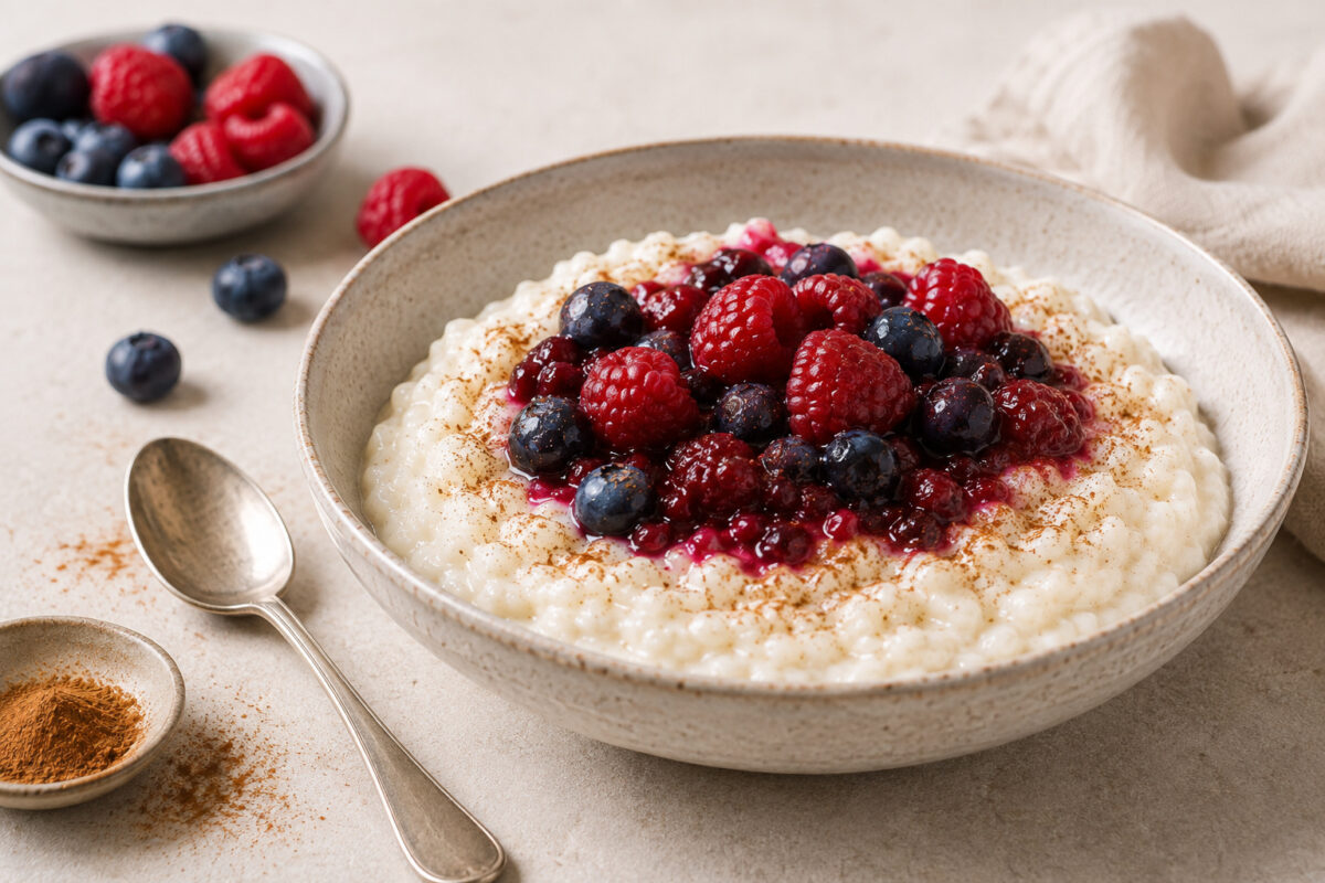 Fertiger Milchreis mit Beeren und Zimt aus deutlich alternativer Perspektive in derselben hellen Foodfotografie-Serie.