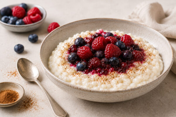 Fertiger Milchreis mit Beeren und Zimt aus deutlich alternativer Perspektive in derselben hellen Foodfotografie-Serie.